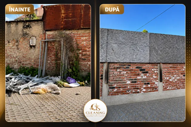Zonă exterioară fotografiată înainte și după curățenie.