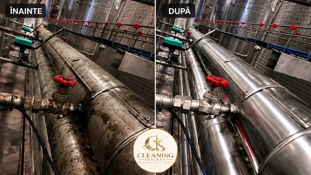 Conducte metalice fotografiate înainte și după curățenie.