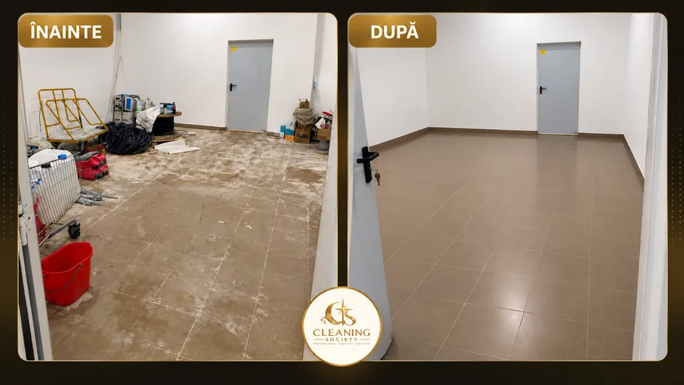 Pardoseală și încăpere fotografiate înainte și după curățenie.