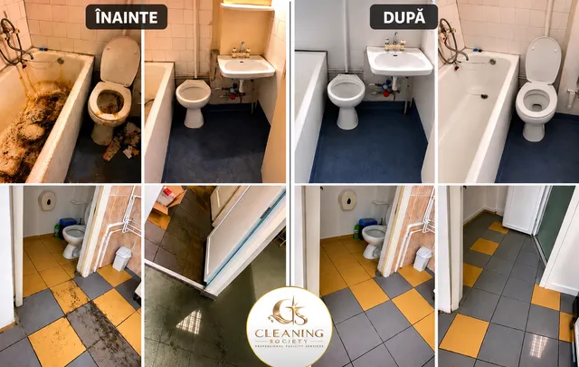 Cadă, obiecte sanitare și pardoseală, fotografiate înainte și după curățenie.