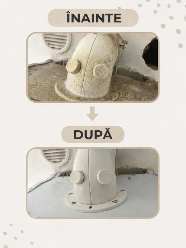 Tubulatura unei hote, fotografiată înainte și după curățare.