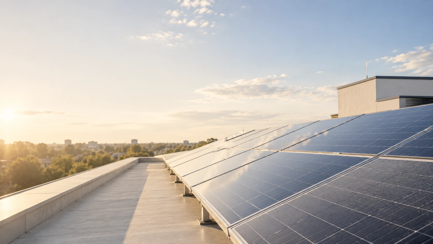 Panouri fotovoltaice montate pe acoperișul unei clădiri.